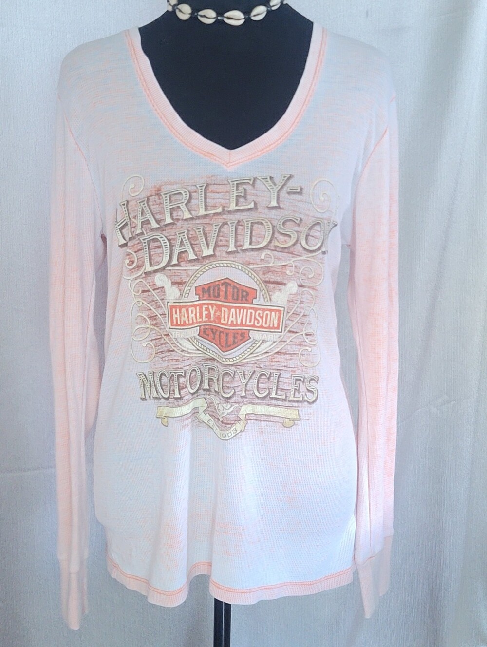 Harley-Davidson Pale Pink Long Sleeve V-Neck Graphic Tee